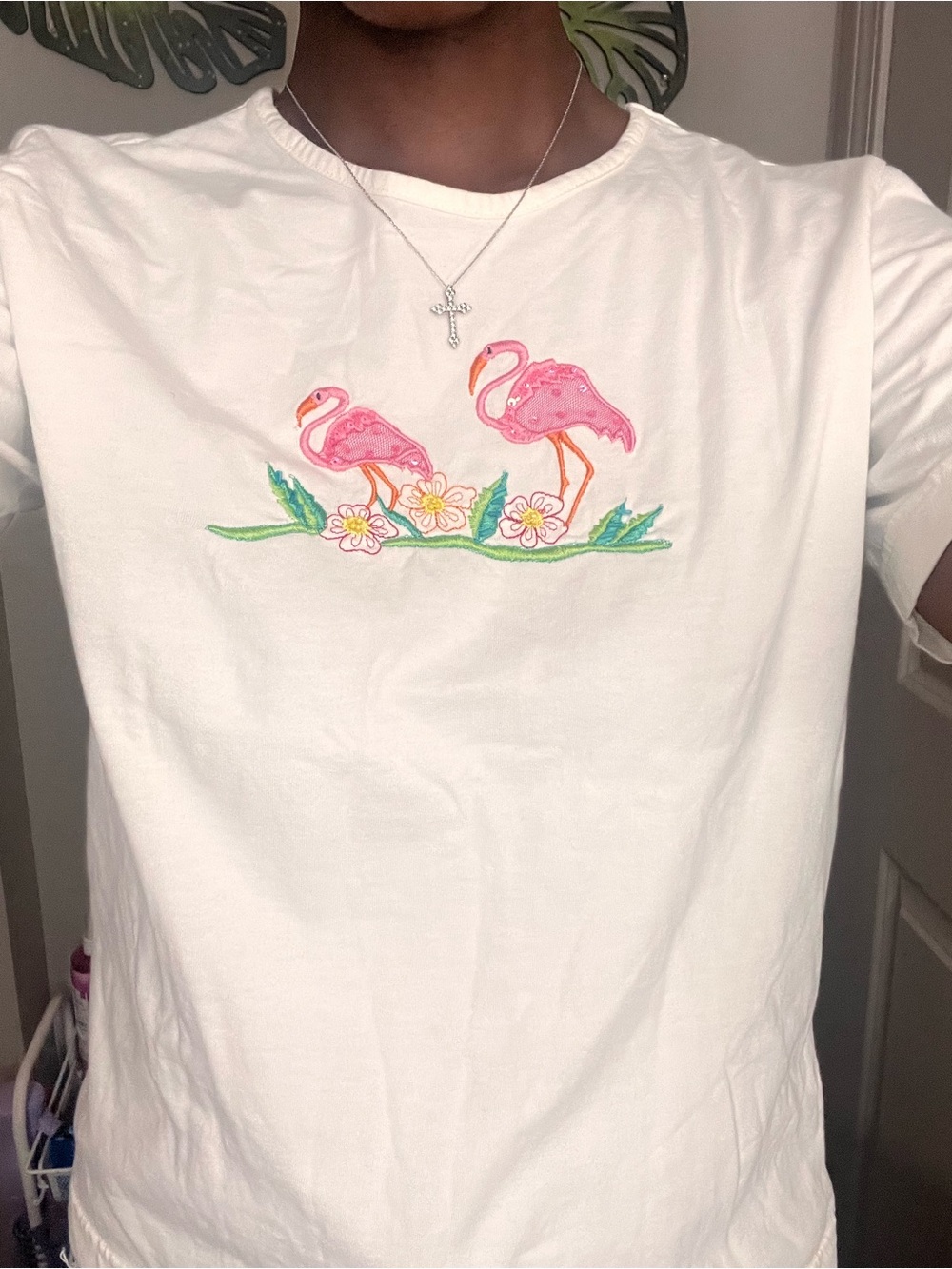 Kim Rogers White Tee with Pink Flamingo Embroidery